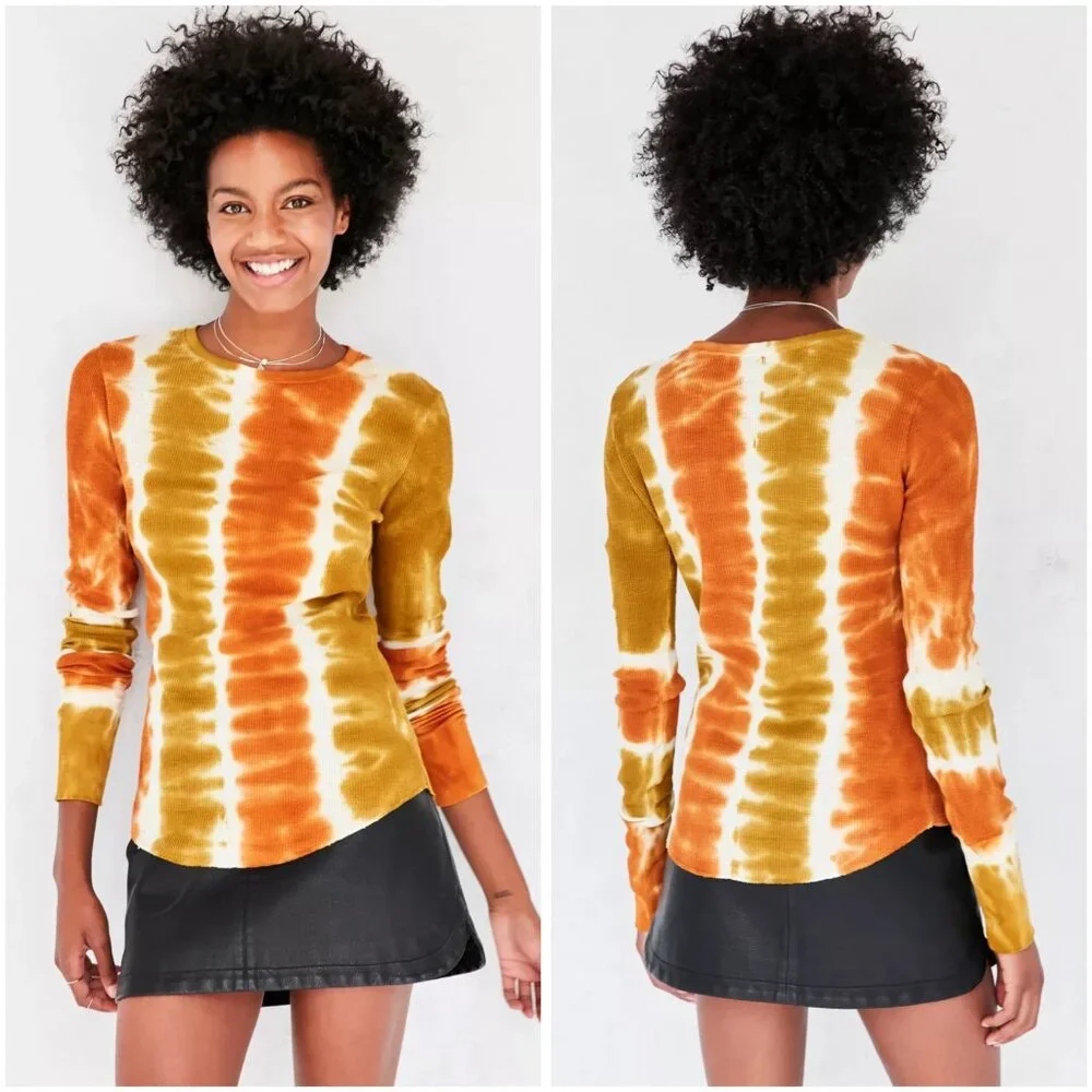 BDG Urban Outfitters Rhiannon Orange Yellow Tie-Dye Long-Sleeve Tee Size Small - Picture 1 of 11